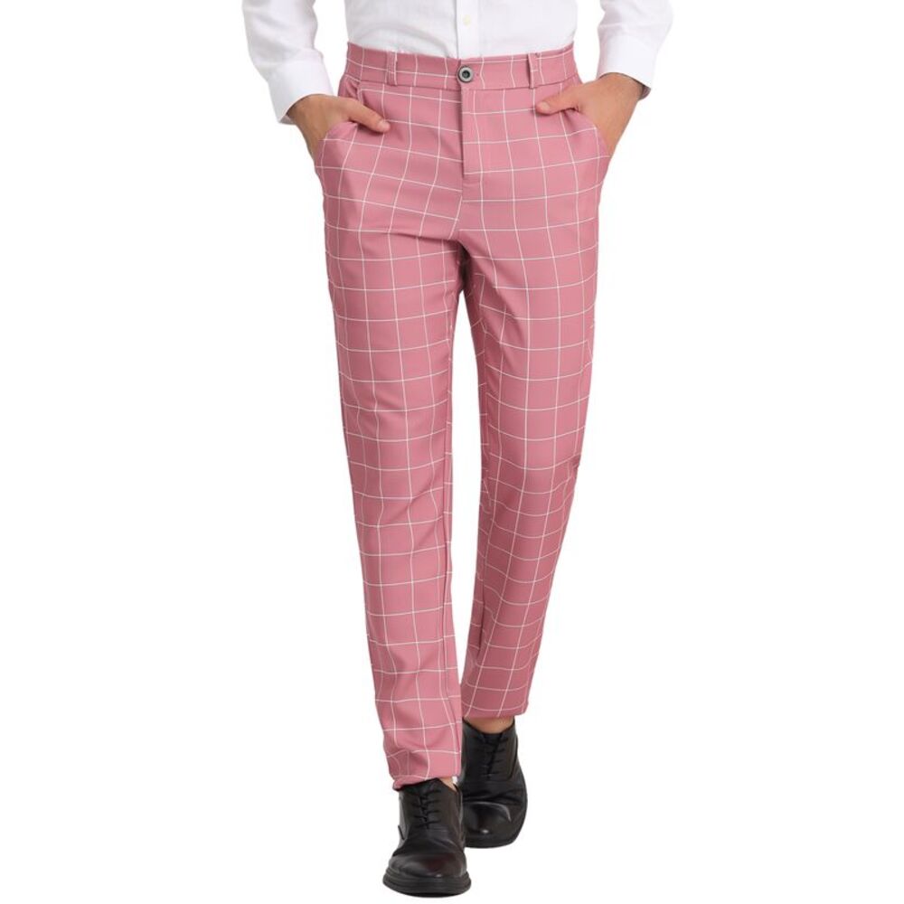 Dress Plaid Pants Flat Front Printed Business Check Trousers Pink White